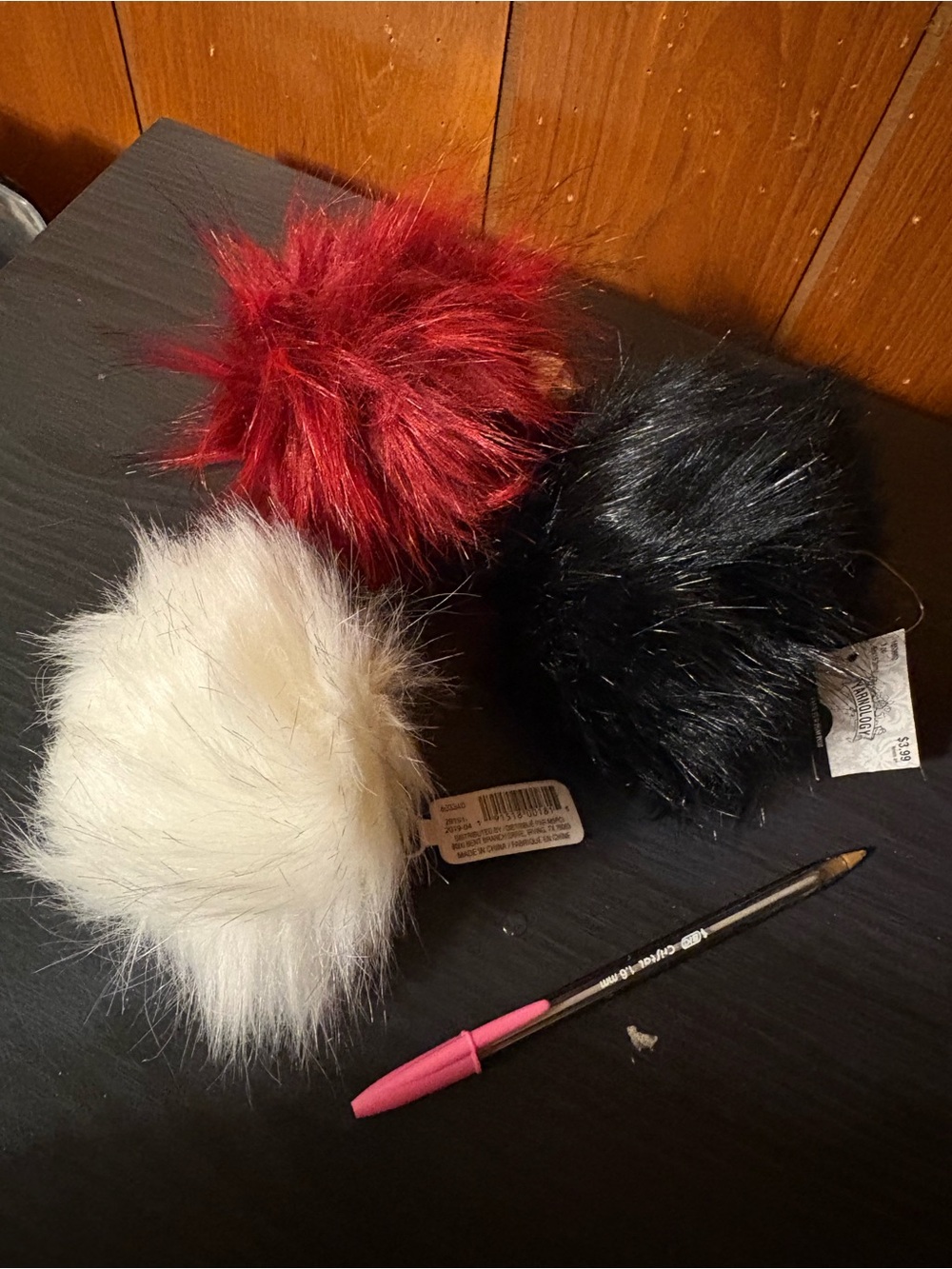 Faux Fur Pom Pom Trio - Red, Black & Cream